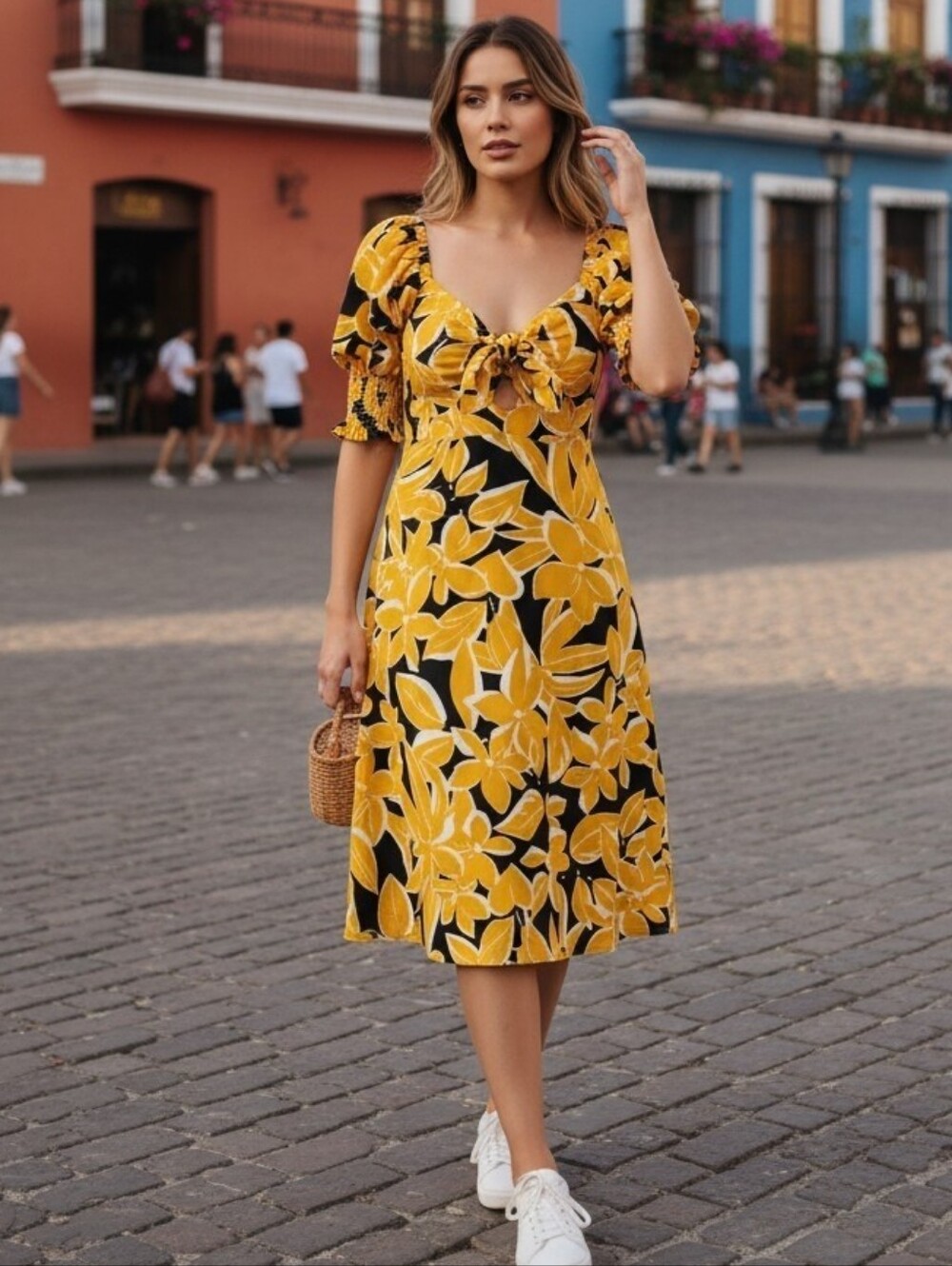 Who What Wear Yellow & Black Floral Puff-Sleeve Midi Dress
